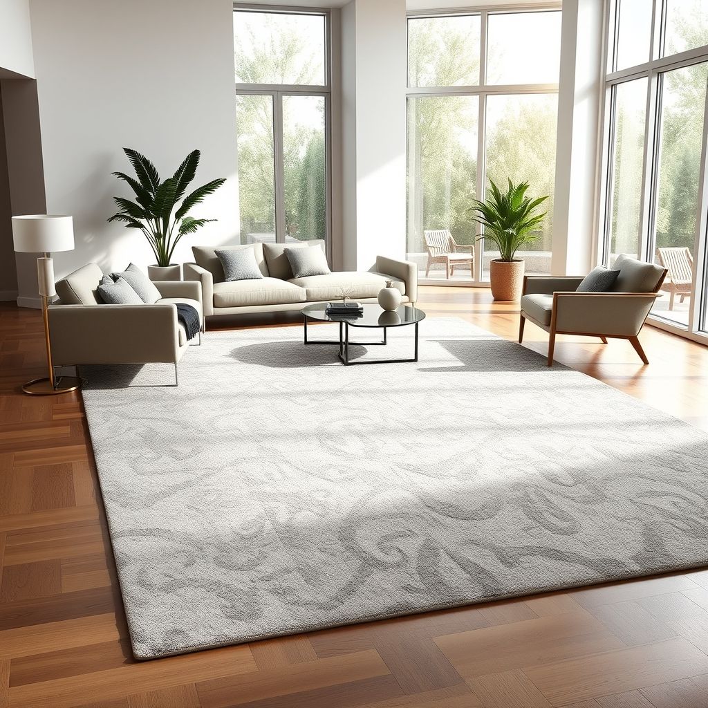Un tapis aux motifs contemporains et couleurs sobres est présenté dans un salon moderne, offrant une touche design et élégante à la pièce. Le décor est épuré, soulignant la qualité du tapis.