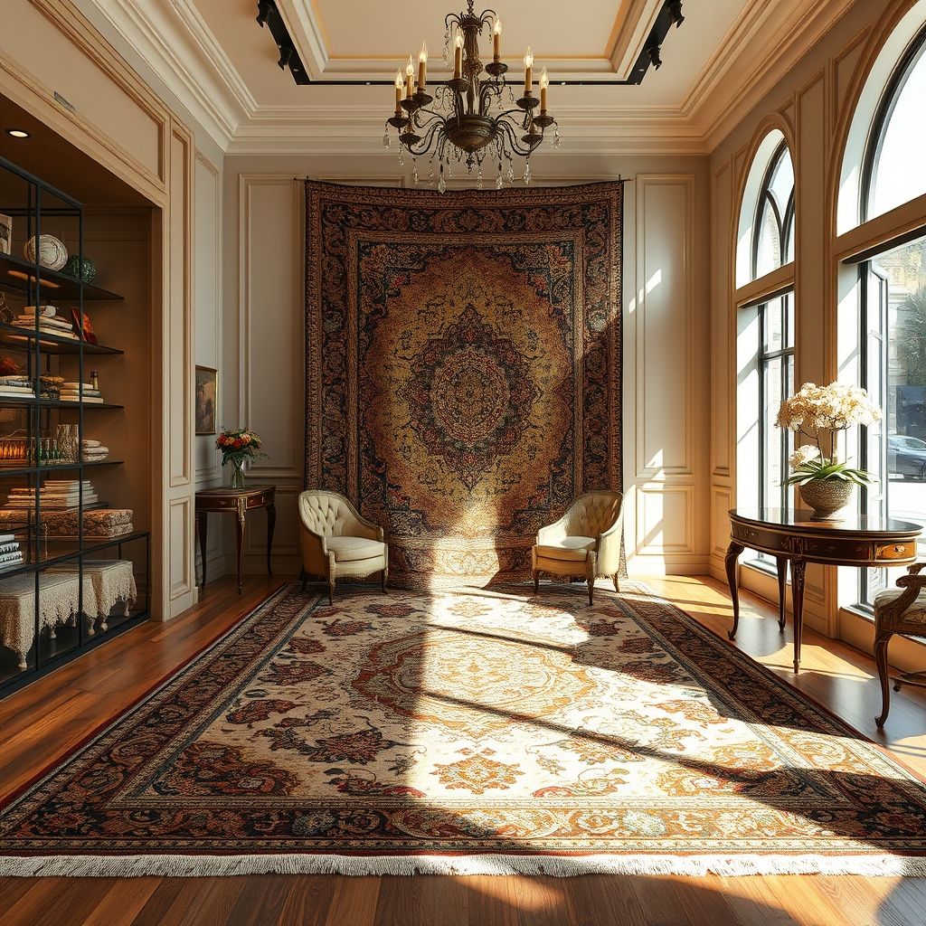 Un tapis classique aux motifs traditionnels est exposé dans une boutique élégante, mettant en valeur son tissage et ses détails raffinés. L’atmosphère chaleureuse invite à la découverte d’un produit de qualité et durable.