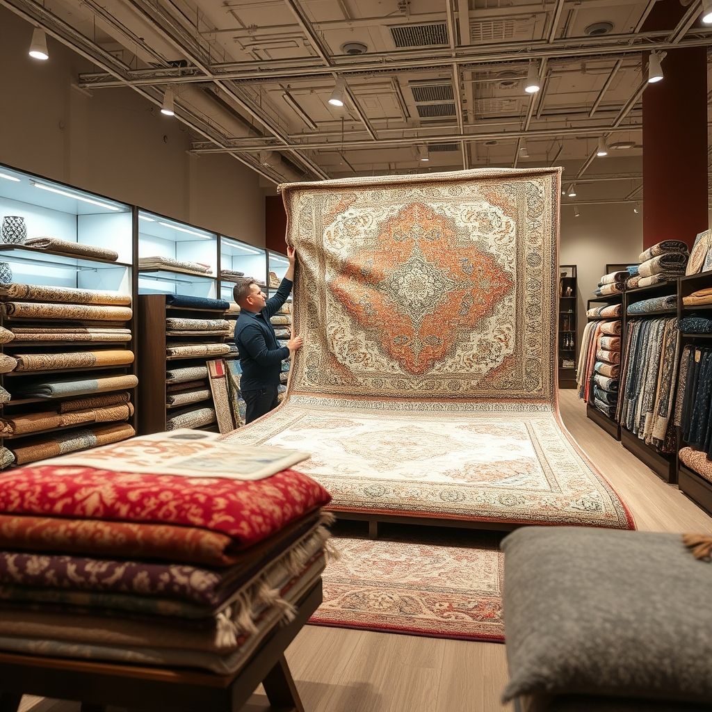 Dans un magasin bien éclairé, un vendeur présente un tapis haut de gamme posé sur un présentoir. L’ambiance élégante met en valeur les motifs raffinés et les couleurs chaudes du tapis. L'espace moderne et soigné reflète le savoir-faire et la passion pour les textiles de qualité. Le vendeur, attentif, conseille un client potentiel pour choisir le tapis idéal.