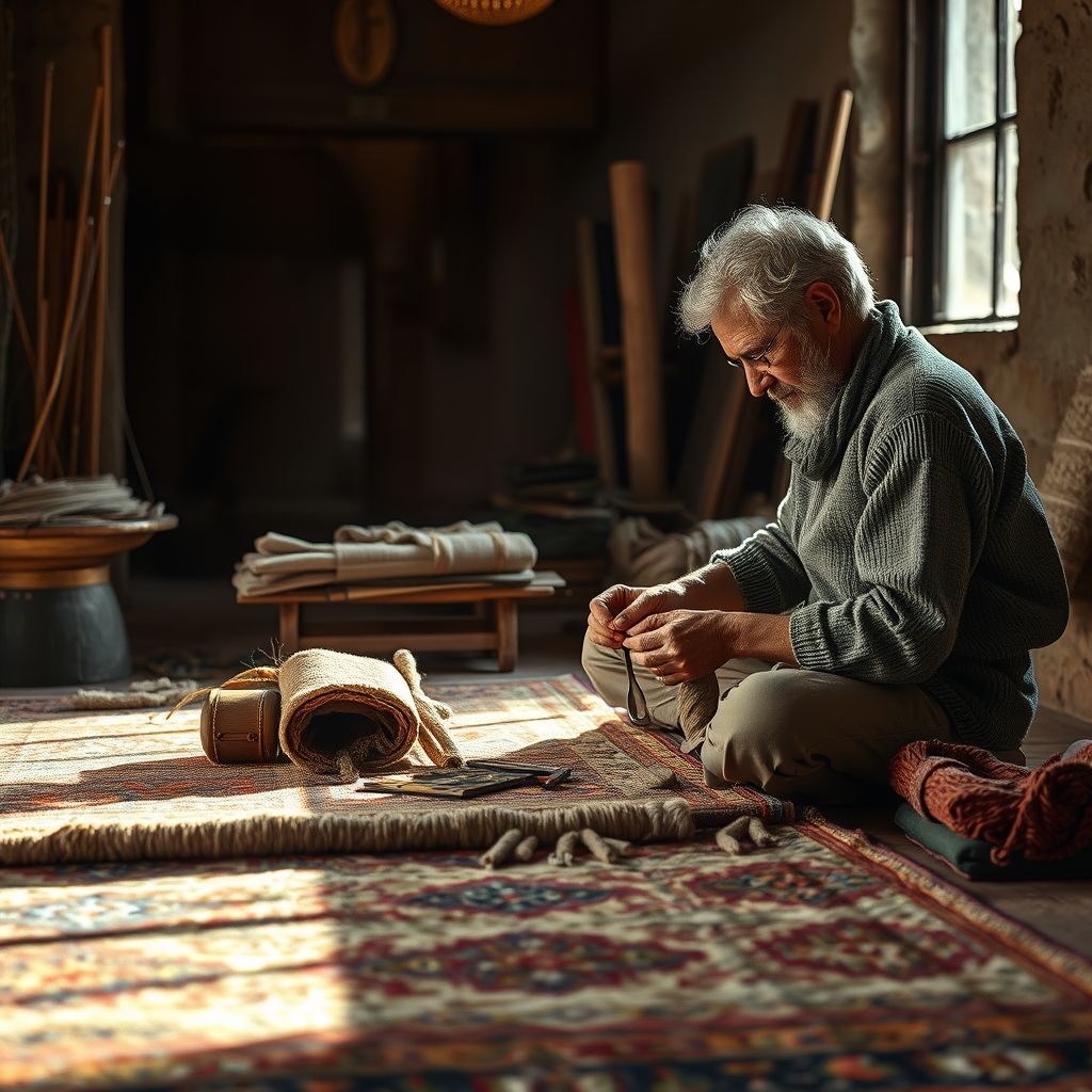 Un artisan travaille à la réalisation d’un tapis sur-mesure, choisissant soigneusement les fils et motifs pour un résultat unique et personnalisé. L’ambiance artisanale souligne le savoir-faire traditionnel.