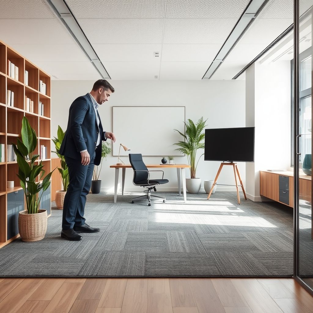 Un expert en aménagement d’intérieur conseille un client professionnel sur le choix d’un tapis adapté à un espace de travail moderne, mettant en avant le confort et l’esthétique. Le décor lumineux et épuré souligne l’importance du choix du revêtement dans un cadre professionnel.