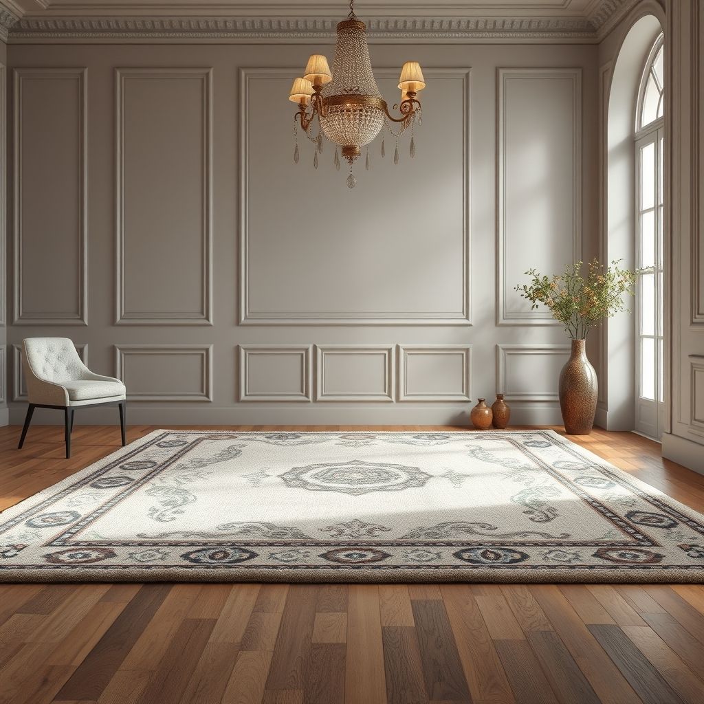 Un tapis classique richement décoré posé dans un intérieur élégant, mettant en valeur la finesse du tissage et la qualité des fibres naturelles.