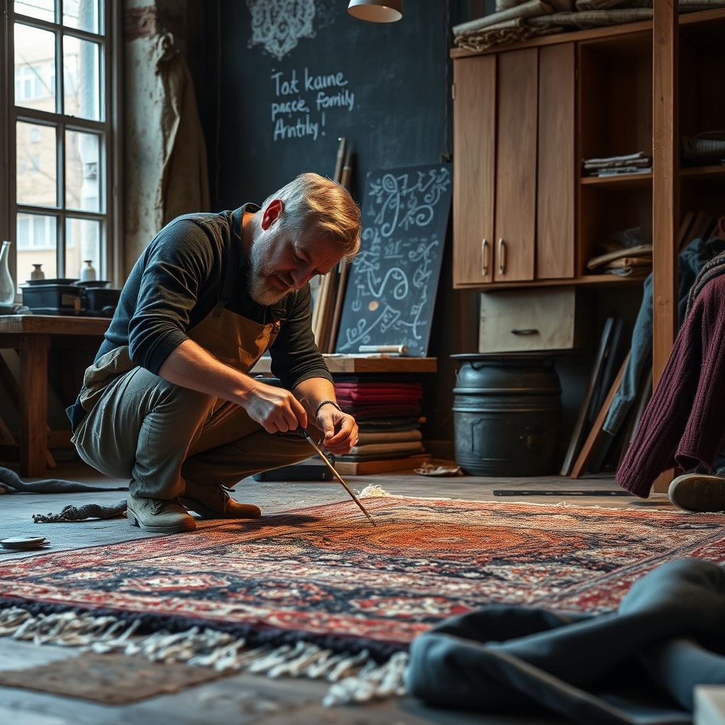Un artisan conçoit un tapis personnalisé dans son atelier, accordant soin et précision à chaque détail pour un résultat unique.