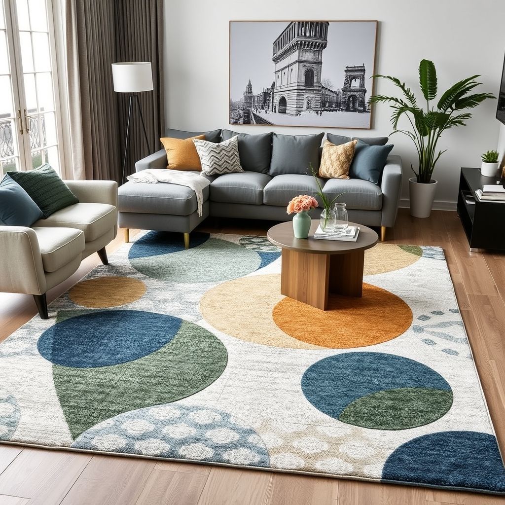 Un tapis aux motifs modernes et épurés dans un salon contemporain, renforçant le style et la convivialité de la pièce.